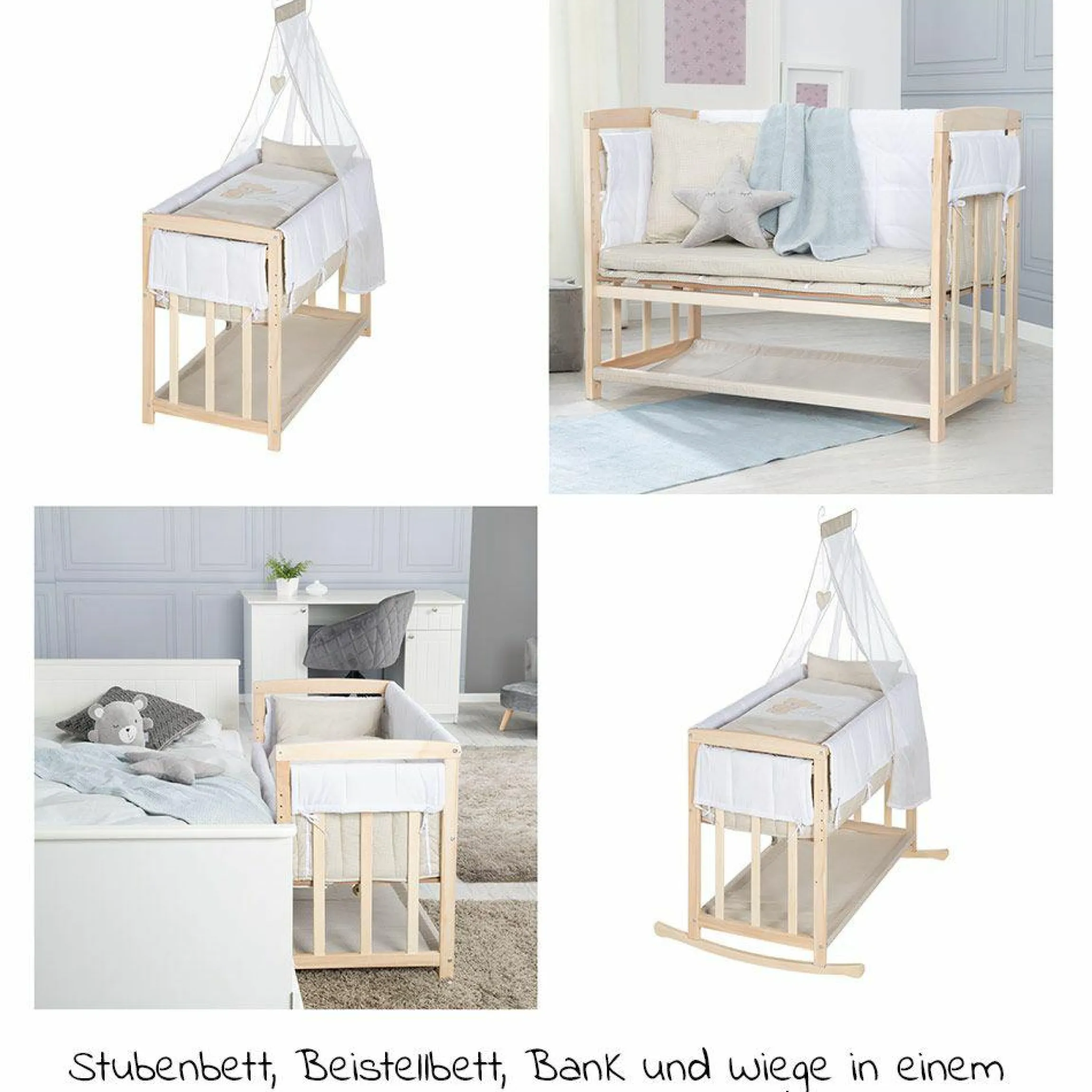 4in1 Stubenbett, Beistellbett, Wiege und Bank & Textile-Ausstattung - Liebhabär - Natur