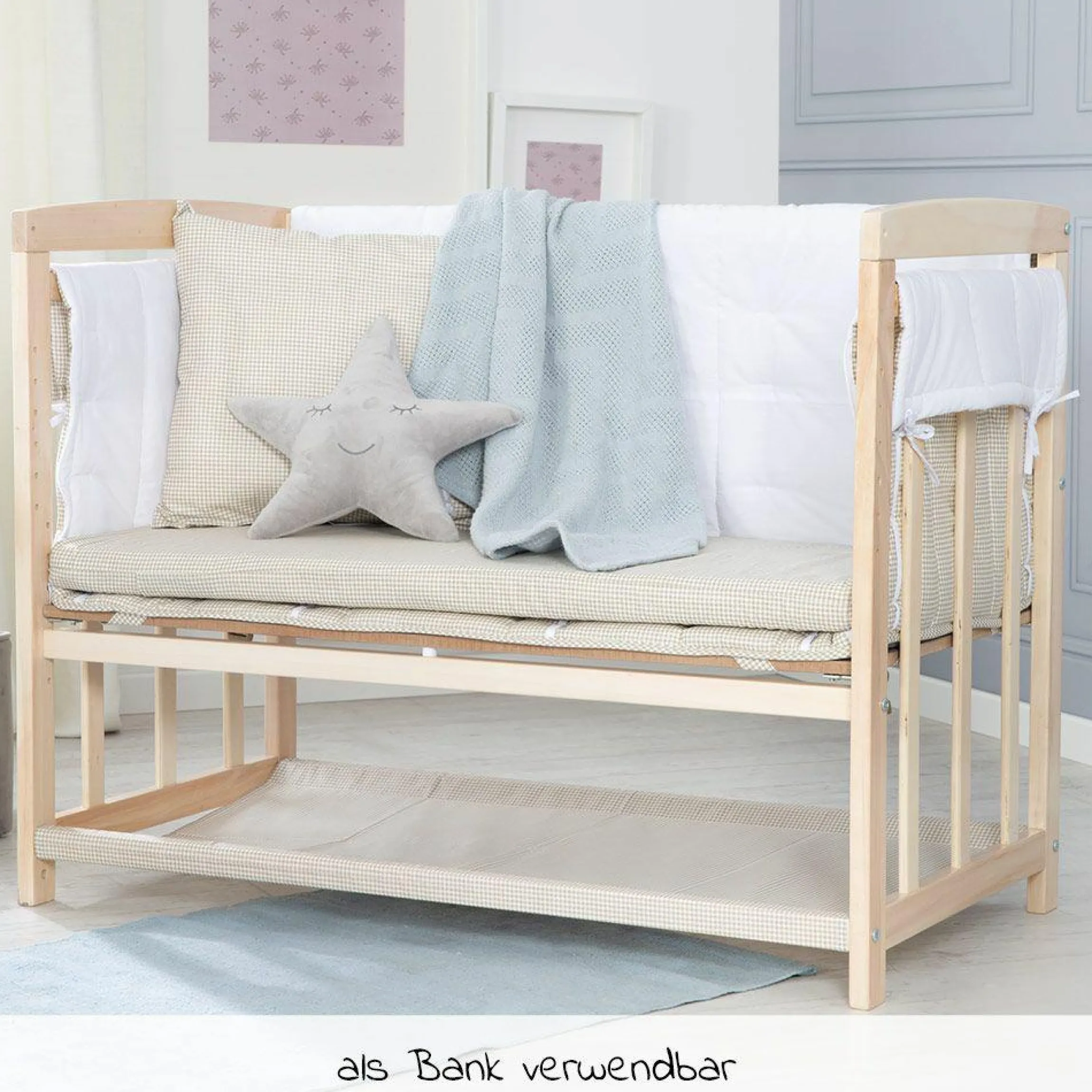 4in1 Stubenbett, Beistellbett, Wiege und Bank & Textile-Ausstattung - Liebhabär - Natur