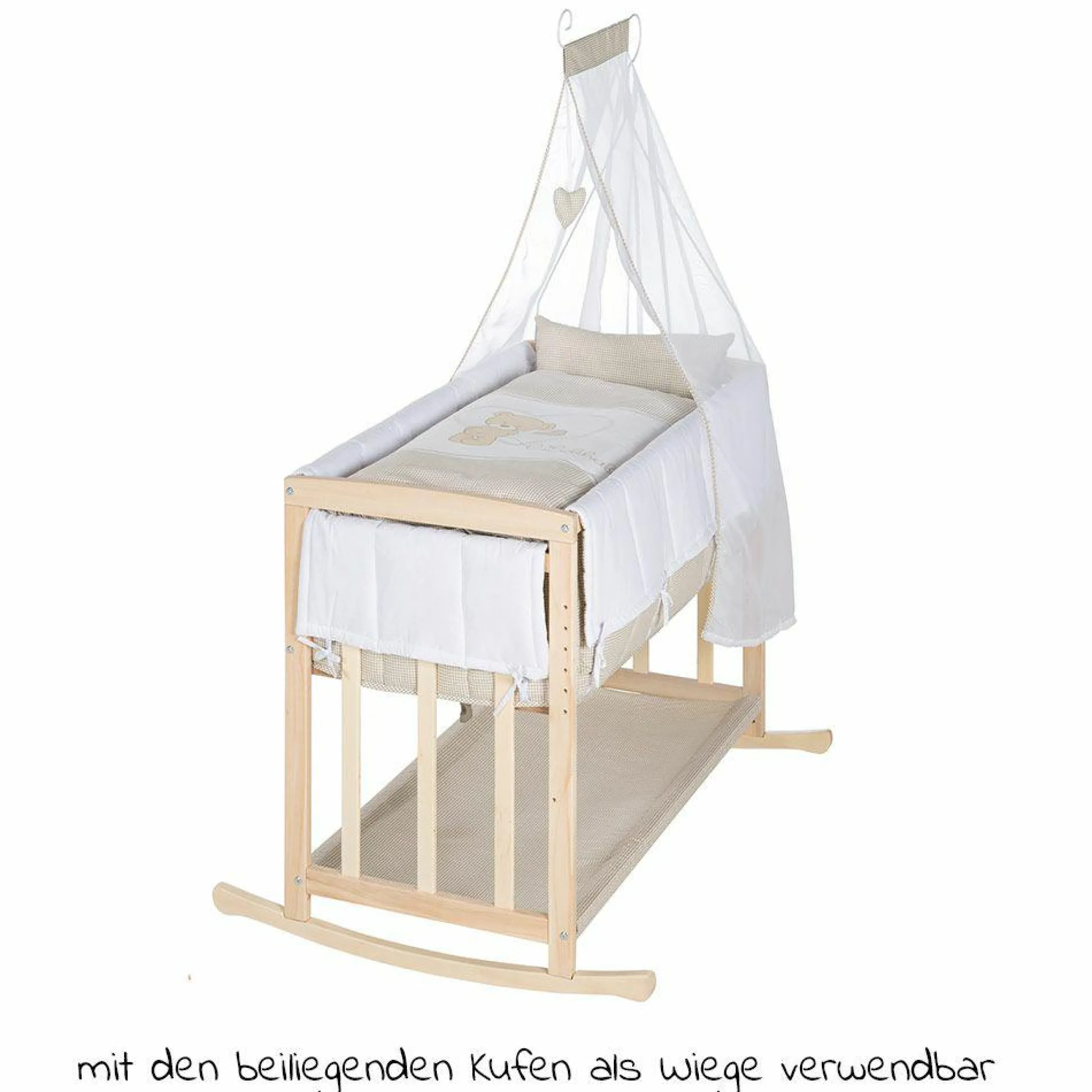 4in1 Stubenbett, Beistellbett, Wiege und Bank & Textile-Ausstattung - Liebhabär - Natur