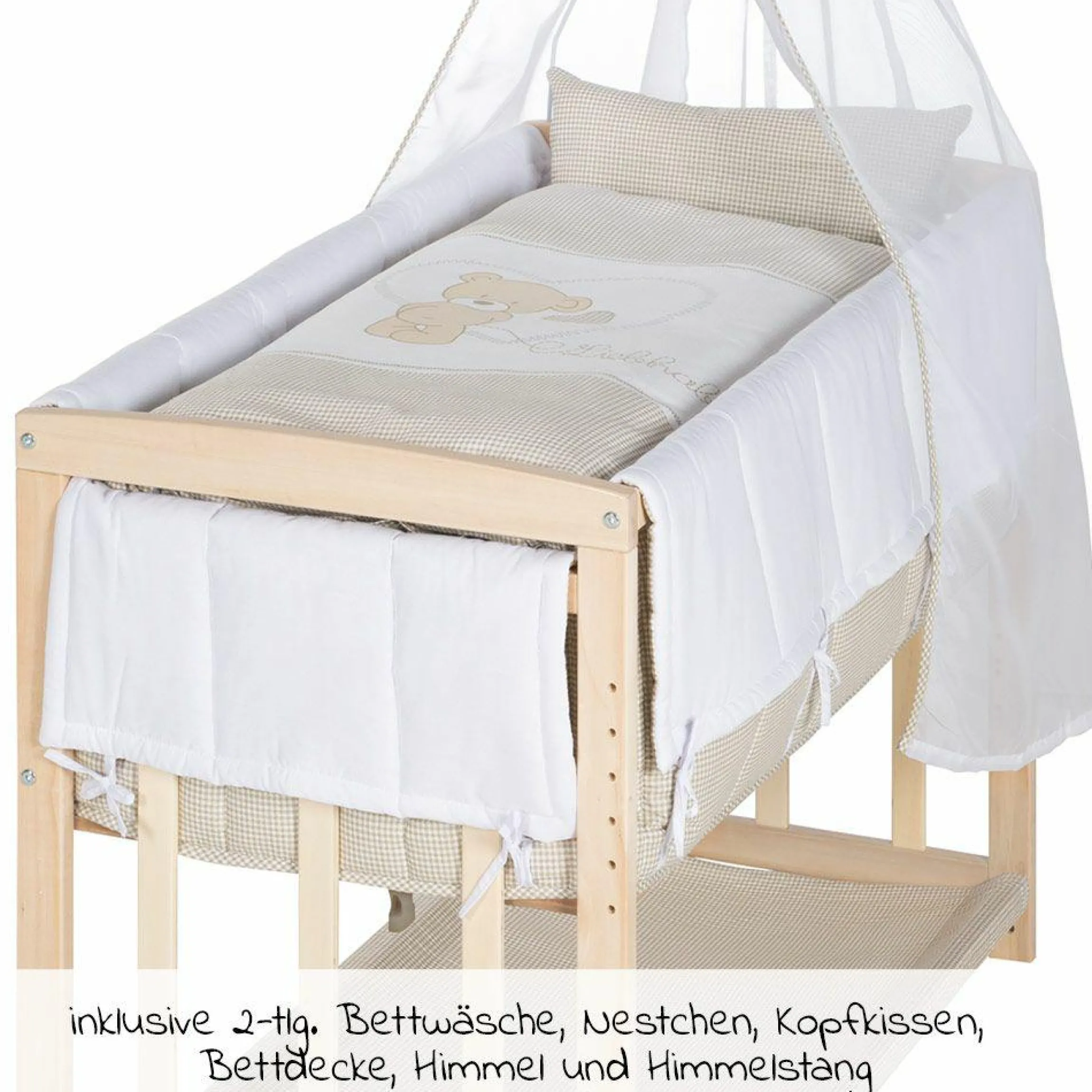 4in1 Stubenbett, Beistellbett, Wiege und Bank & Textile-Ausstattung - Liebhabär - Natur