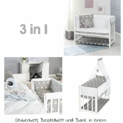 3in1 Stubenbett, Beistellbett, Bank & Textile-Ausstattung - Little Stars - Weiß