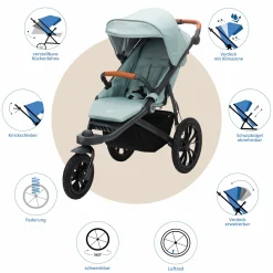 Jogger & Sportwagen Run bis 22 kg belastbar mit Lufträder, Knickschieber, Liegeposition & Handbremse - Salbei Melange