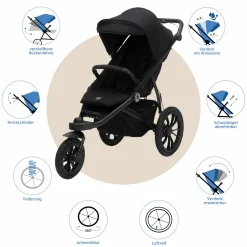 Jogger & Sportwagen Run bis 22 kg belastbar mit Lufträder, Knickschieber, Liegeposition & Handbremse - Schwarz Melange