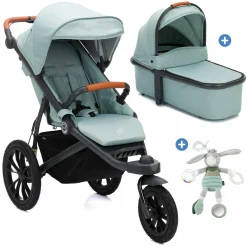 Jogger & Sportwagen Run mit Babywanne bis 22 kg belastbar mit Lufträder, Knickschieber, Liegeposition & Handbremse - Salbei Melange