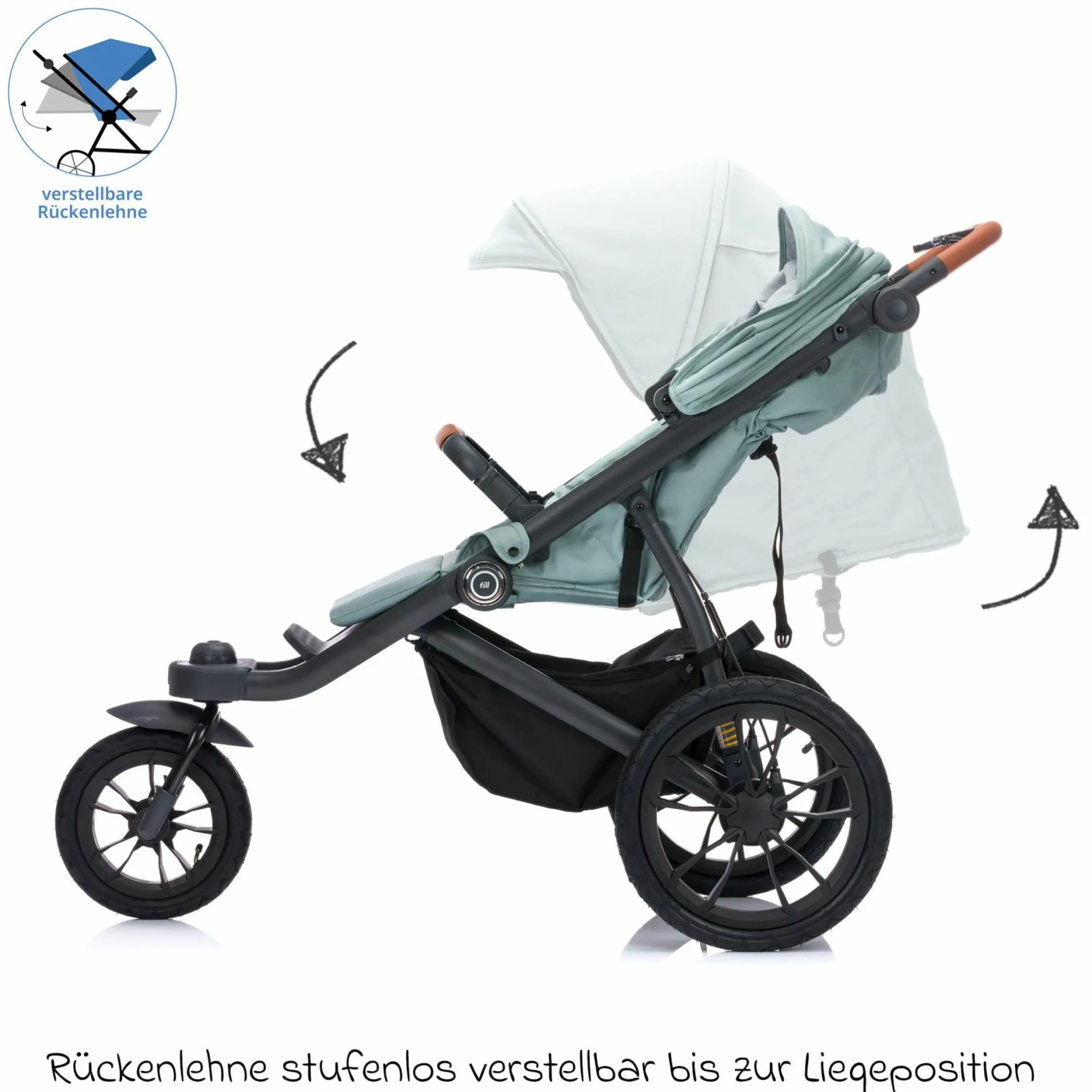 Jogger & Sportwagen Run mit Babywanne bis 22 kg belastbar mit Lufträder, Knickschieber, Liegeposition & Handbremse - Salbei Melange