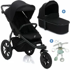 Jogger & Sportwagen Run mit Babywanne bis 22 kg belastbar mit Lufträder, Knickschieber, Liegeposition & Handbremse - Schwarz Melange