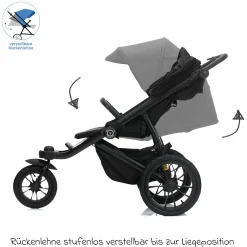 Jogger & Sportwagen Run mit Babywanne bis 22 kg belastbar mit Lufträder, Knickschieber, Liegeposition & Handbremse - Schwarz Melange