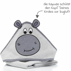 Kapuzenbadetuch mit Nilpferdaplikation auf der Kapuze 75 x 75 cm - Grau