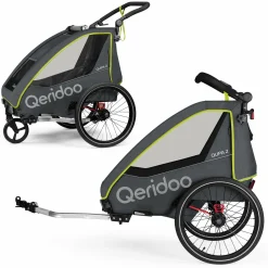 Kinderfahrradanhänger & Buggy QUPA 2 für 2 Kinder mit Kupplung, Blattfeder-Dämpfsystem (bis 60 kg) - Lime