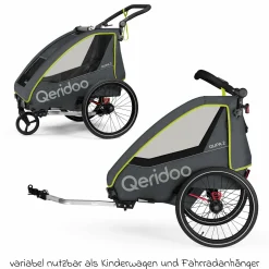 Kinderfahrradanhänger & Buggy QUPA 2 für 2 Kinder mit Kupplung, Blattfeder-Dämpfsystem (bis 60 kg) - Lime