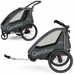 Kinderfahrradanhänger & Buggy QUPA 2 für 2 Kinder (bis 60 kg) mit Kupplung, Blattfeder-Dämpfsystem - Grey