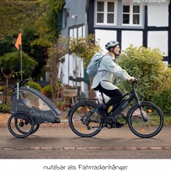 Kinderfahrradanhänger & Buggy QUPA 2 für 2 Kinder (bis 60 kg) mit Kupplung, Blattfeder-Dämpfsystem - Grey