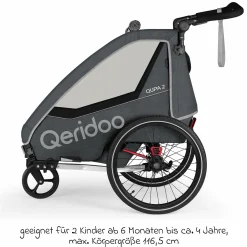 Kinderfahrradanhänger & Buggy QUPA 2 für 2 Kinder (bis 60 kg) mit Kupplung, Blattfeder-Dämpfsystem - Grey