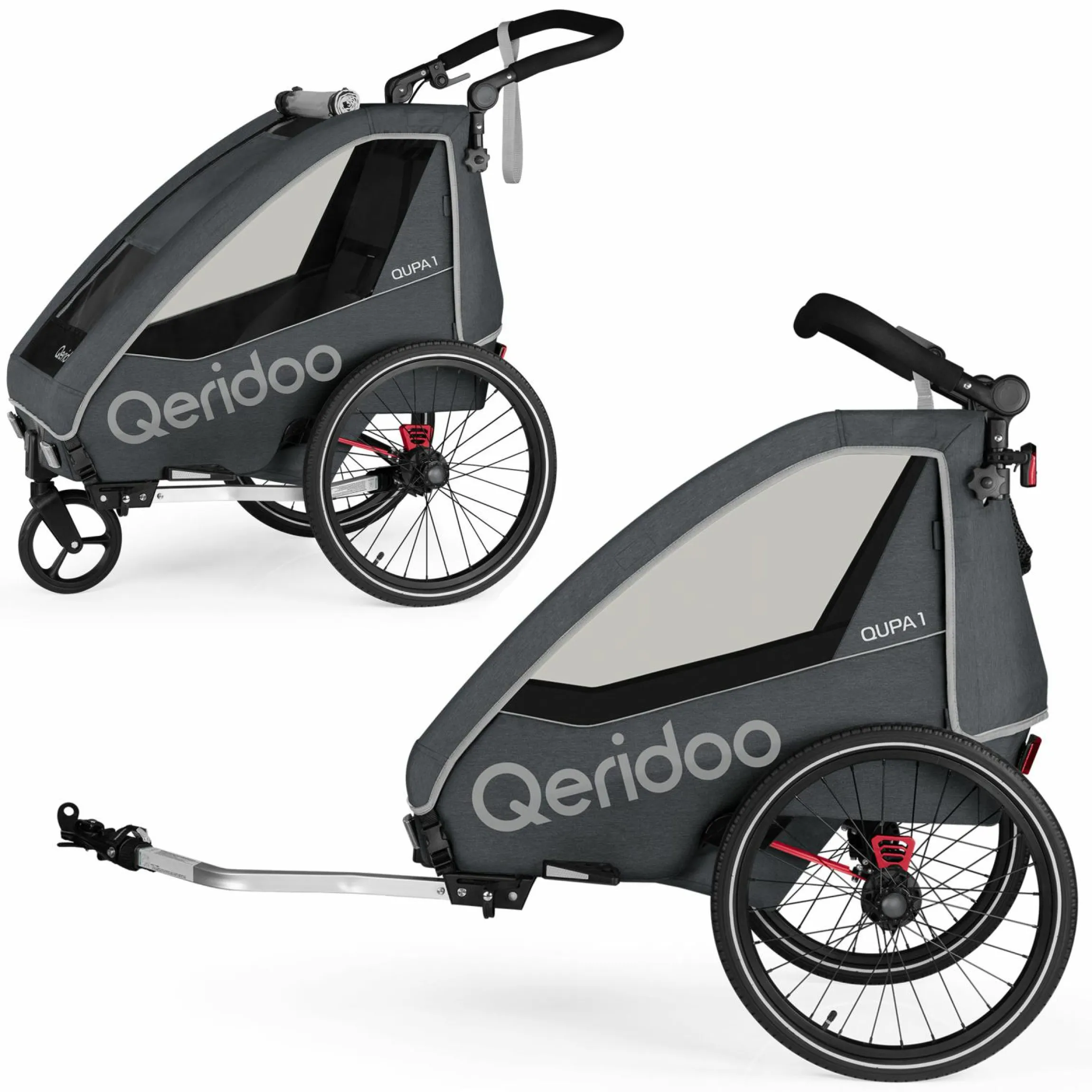 Kinderfahrradanhänger & Buggy QUPA 1 für 1 Kind mit Kupplung, Blattfeder-Dämpfsystem (bis 50 kg) - Grey