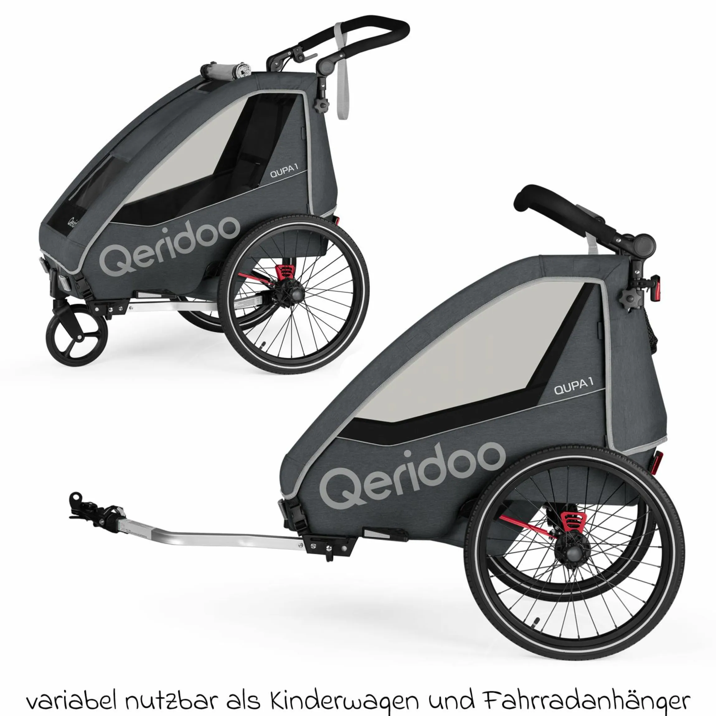 Kinderfahrradanhänger & Buggy QUPA 1 für 1 Kind mit Kupplung, Blattfeder-Dämpfsystem (bis 50 kg) - Grey