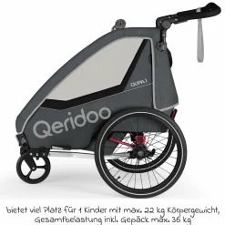 Kinderfahrradanhänger & Buggy QUPA 1 für 1 Kind mit Kupplung, Blattfeder-Dämpfsystem (bis 50 kg) - Grey