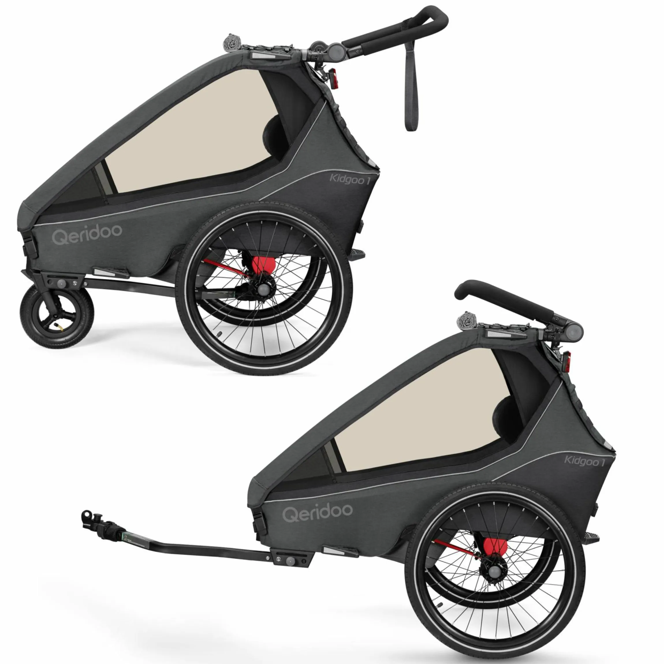 Kinderfahrradanhänger & Buggy Kidgoo 1 für 1 Kind (bis 50 kg) mit Kupplung, Dämpfsystem, XL-Kofferraum - Steel Grey