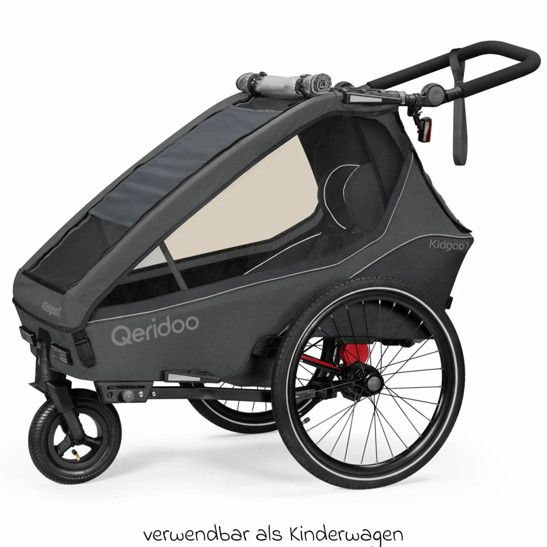 Kinderfahrradanhänger & Buggy Kidgoo 1 für 1 Kind (bis 50 kg) mit Kupplung, Dämpfsystem, XL-Kofferraum - Steel Grey
