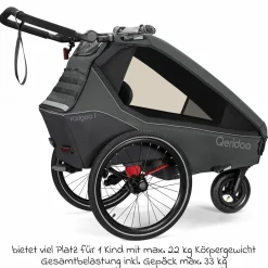 Kinderfahrradanhänger & Buggy Kidgoo 1 für 1 Kind (bis 50 kg) mit Kupplung, Dämpfsystem, XL-Kofferraum - Steel Grey