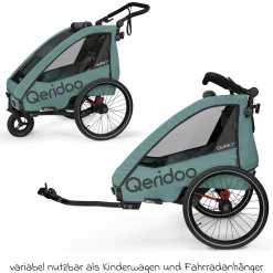 Kinderfahrradanhänger & Buggy Qupa 1 Plus für 1 Kind (bis 50 kg) mit Kupplung, Blattfeder-Dämpfsystem, 3in1 Verdeck - Mineral Blue