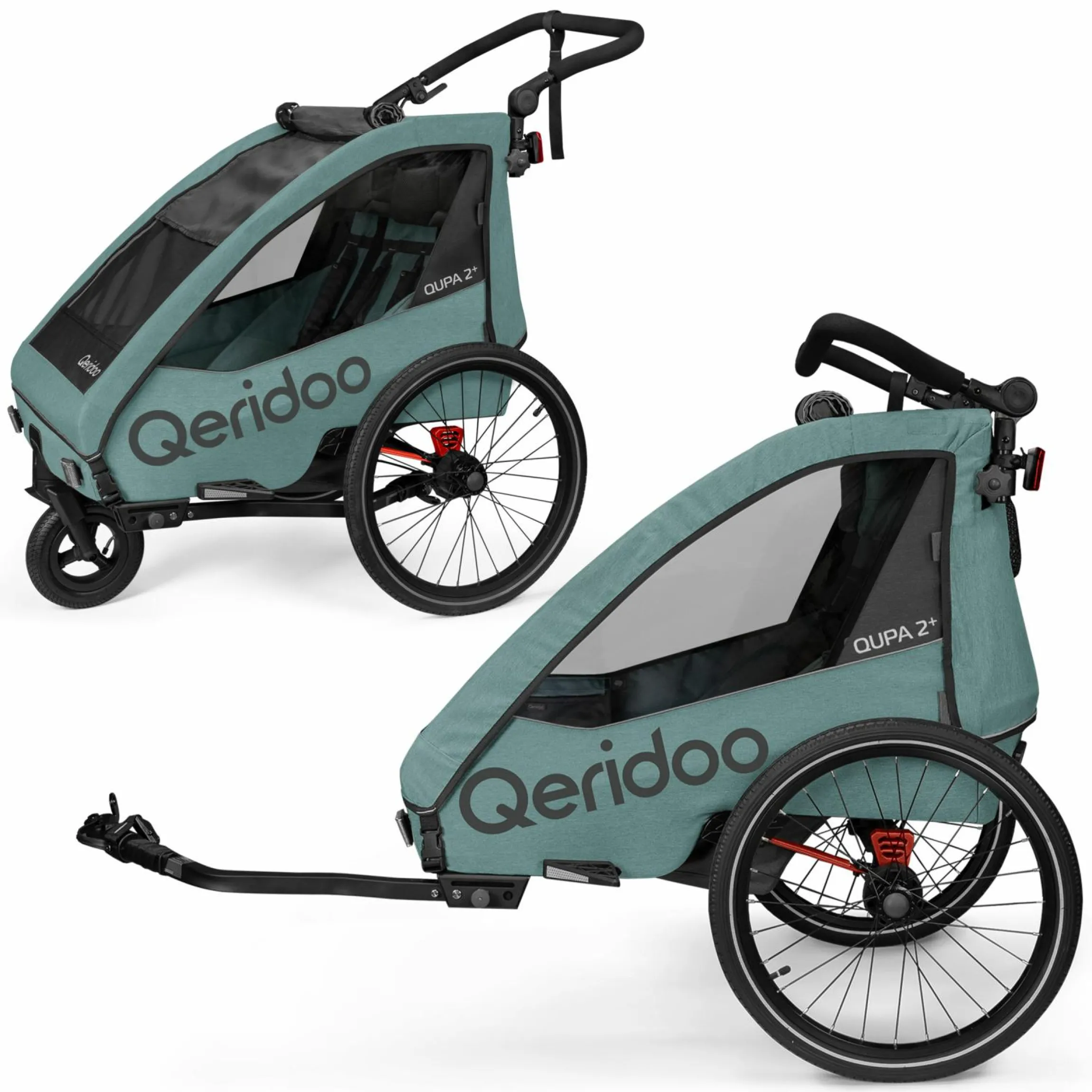 Kinderfahrradanhänger & Buggy Qupa 2 Plus für 2 Kinder (bis 60 kg) mit Kupplung, Blattfeder-Dämpfsystem, 3in1 Verdeck - Mineral Blue