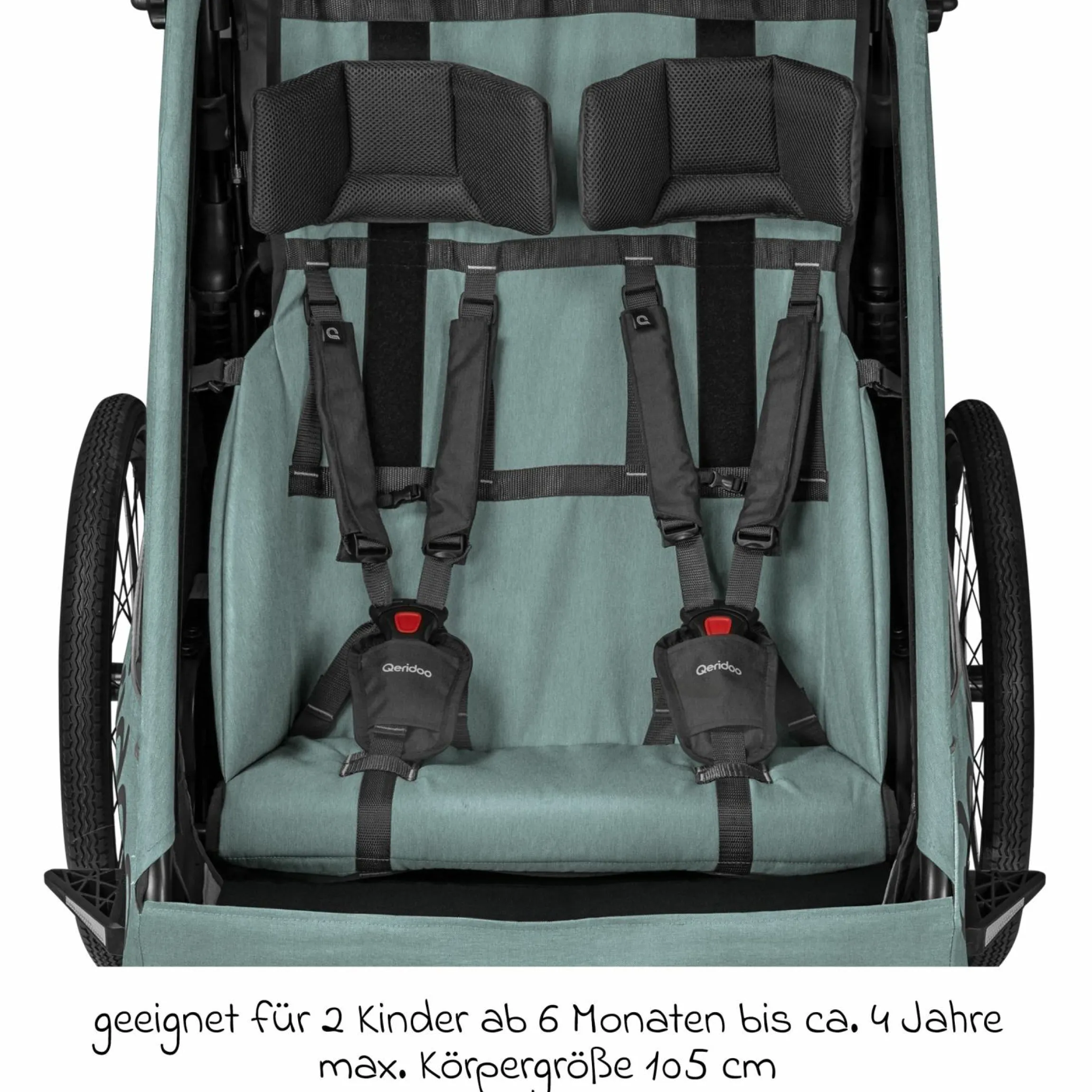 Kinderfahrradanhänger & Buggy Qupa 2 Plus für 2 Kinder (bis 60 kg) mit Kupplung, Blattfeder-Dämpfsystem, 3in1 Verdeck - Mineral Blue