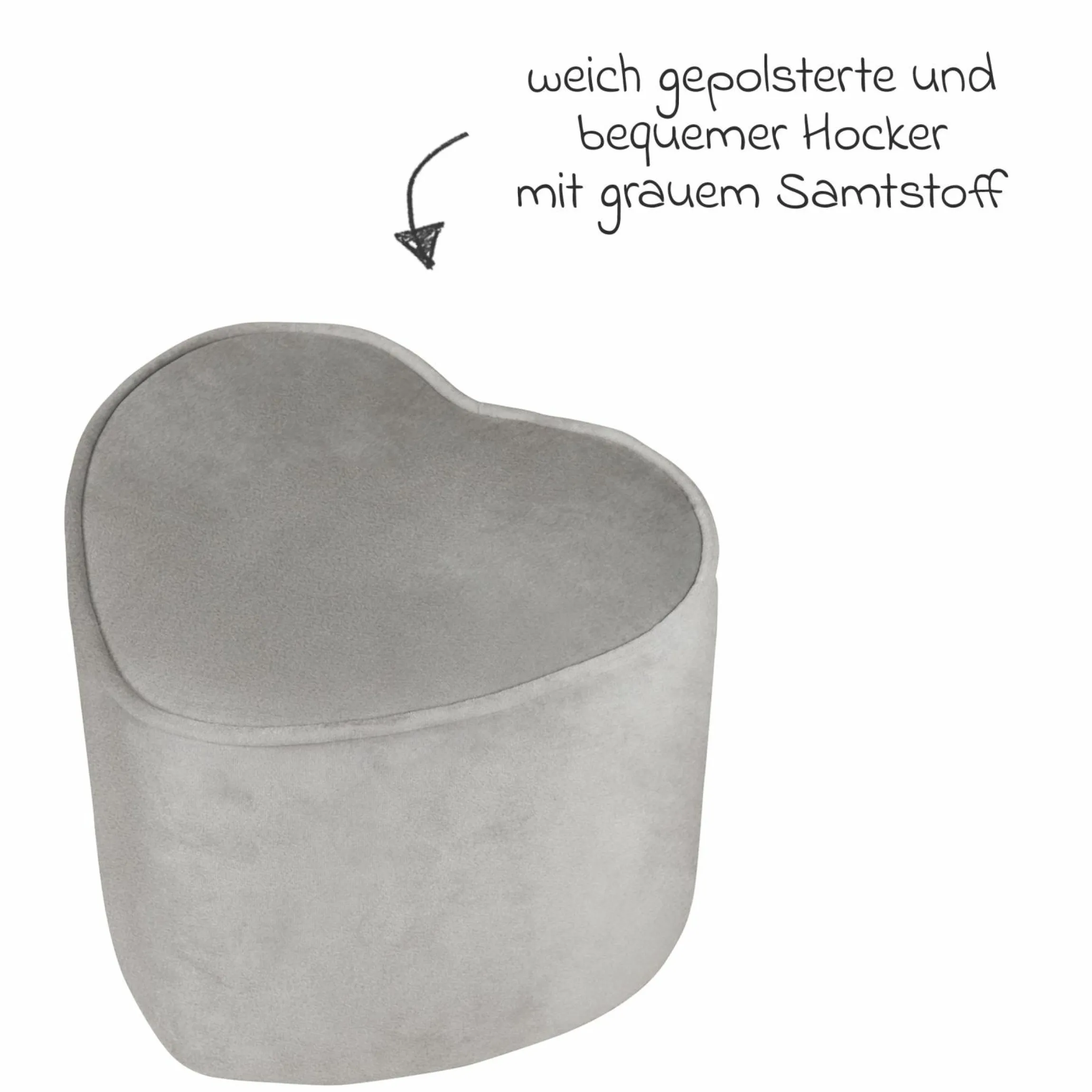 Kinderhocker in Herzform gepolster, mit Samtstoff bezogen - Lil Sofa - Silbergrau