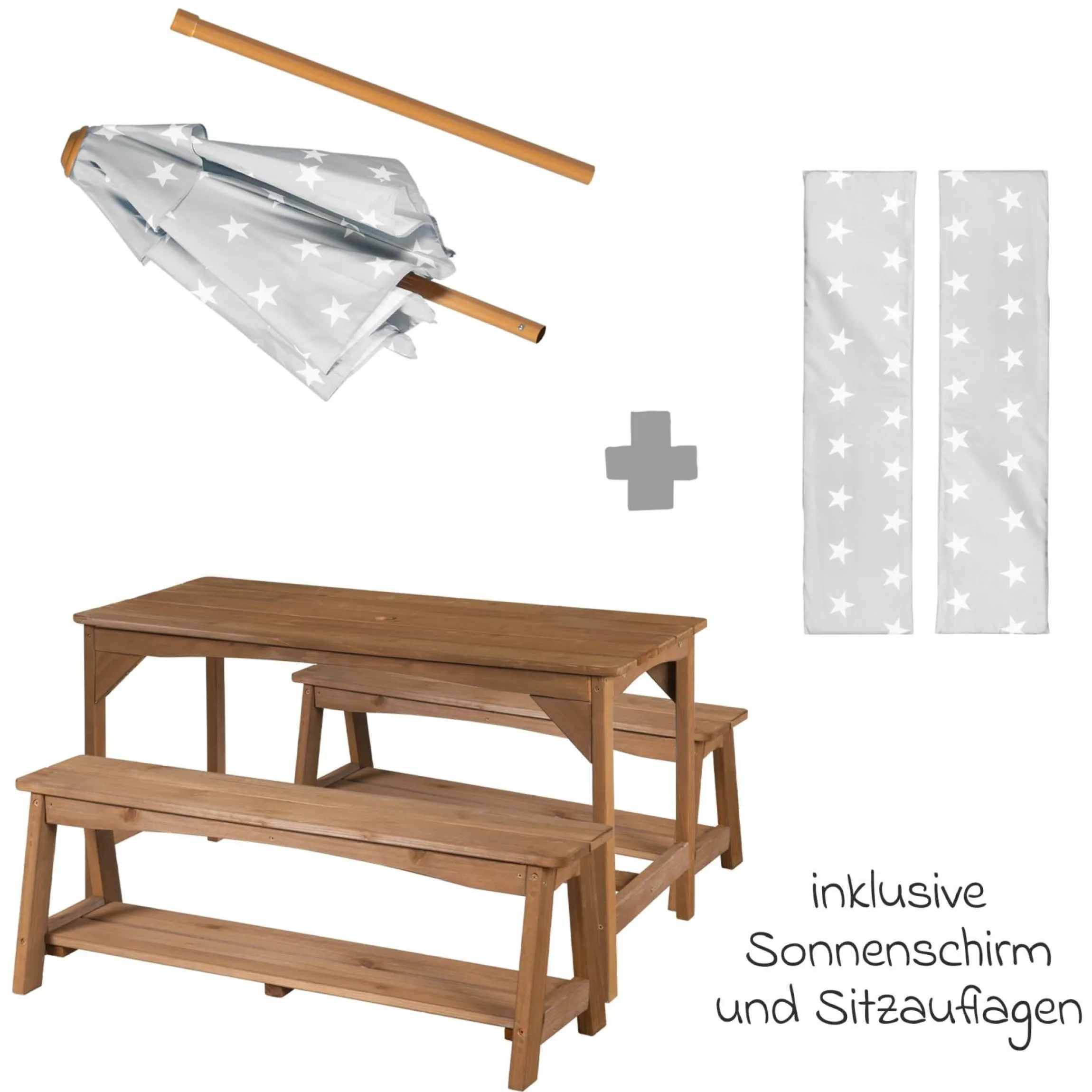 Kindersitzgruppe mit Sitzauflagen und Sonnenschirm - Little Stars - Teakholzfarben