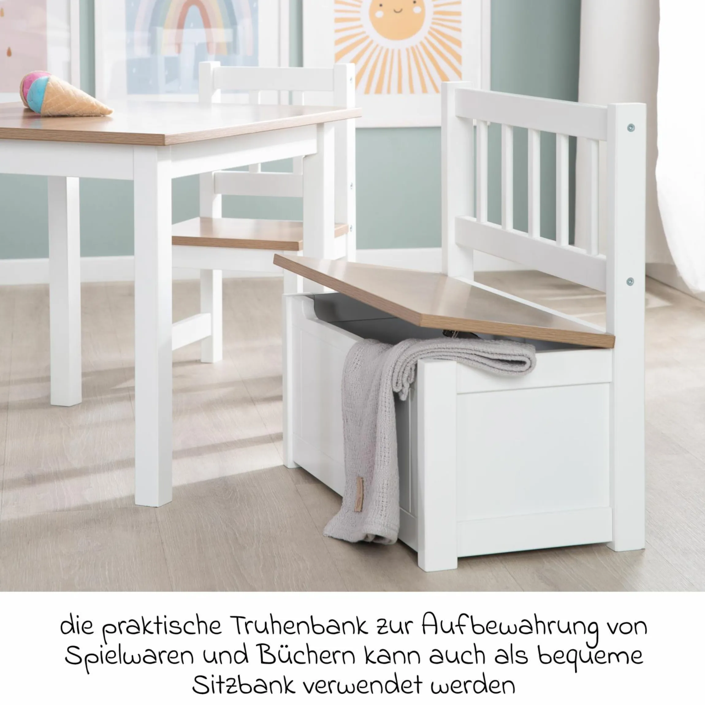Kindertruhenbank mit aufklappbarer Sitzfläche und Dämpfungsbeschlag - Woody - Natur Weiß