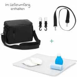 Kinderwagen-Organizer Larvik mit viel Stauraum inkl. Wickelauflage, Flaschenhalter, Umhängegurt & Befestigungshaken - Black