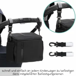 Kinderwagen-Organizer Larvik mit viel Stauraum inkl. Wickelauflage, Flaschenhalter, Umhängegurt & Befestigungshaken - Black