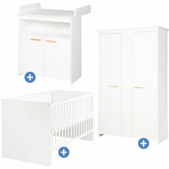 Kinderzimmer Anton mit 2-türigem Kleiderschrank, Bett, Wickelkommode inkl. Wickelaufsatz - Weiß - Kollektion 2024