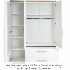 Kinderzimmer Carina mit 3-türigem Schrank, Bett, breiter Wickelkommode - Weiß
