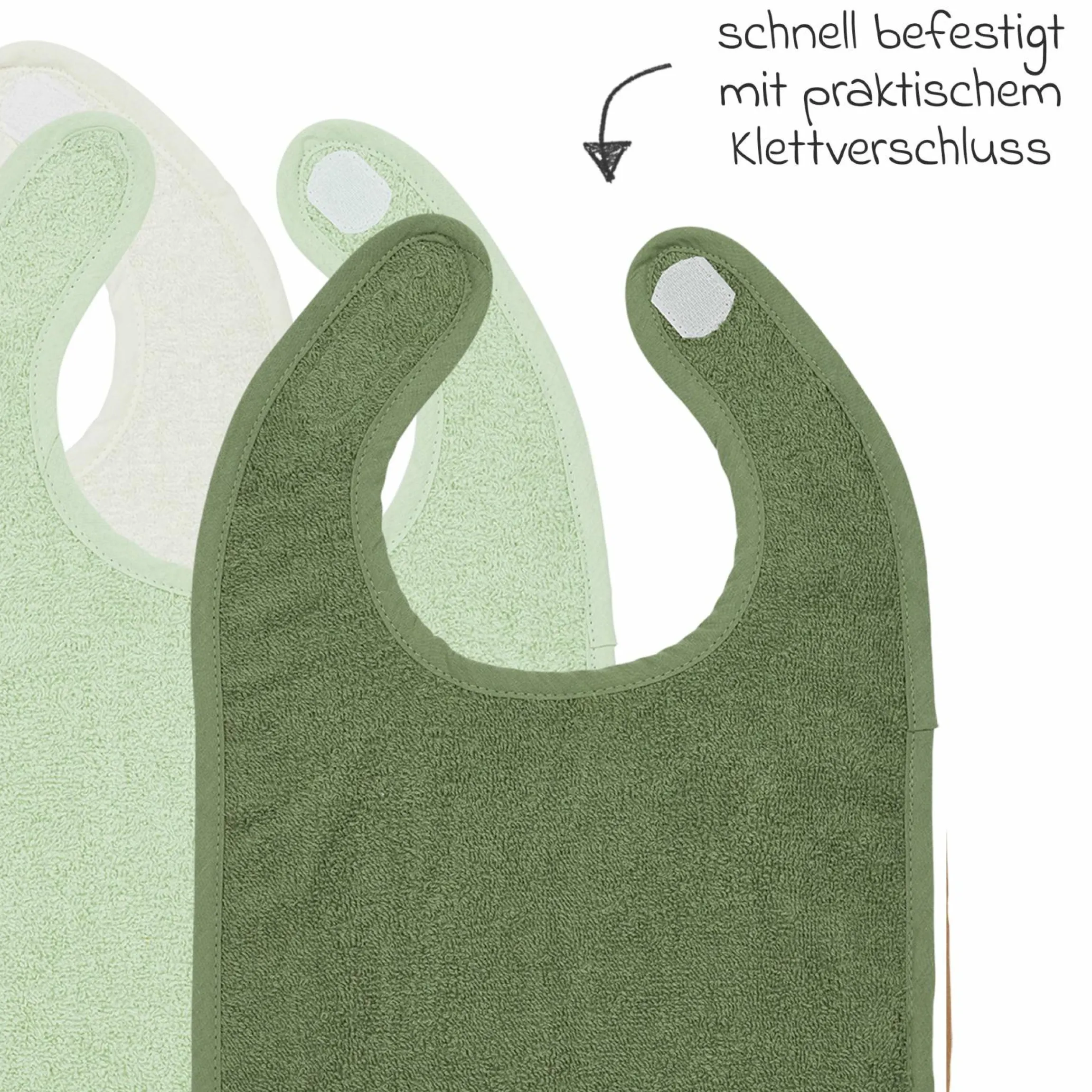 Klett-Lätzchen 3er Pack Frottee 25 x 34 cm - OffWhite / Soft Green / Forest Green