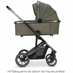 Kombi-Kinderwagen Juntos bis 22 kg belastbar mit Teleskopschieber, umsetzbare Sitzeinheit, Babywanne mit Matratze & Regenschutz - Teak - Kollektion 2025