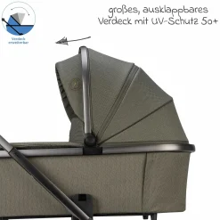 Kombi-Kinderwagen Juntos bis 22 kg belastbar mit Teleskopschieber, umsetzbare Sitzeinheit, Babywanne mit Matratze & Regenschutz - Teak - Kollektion 2025