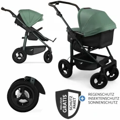 Kombi-Kinderwagen Mono 4 Luftreifen inkl. Kombi-Einheit (Babywanne+Sitz) mit Liegeposition & XXL Zubehörpaket - Olive