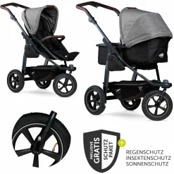 Kombi-Kinderwagen Mono 2 Luftreifen inkl. Kombi-Einheit (Babywanne+Sitz) mit Liegeposition & XXL Zubehörpaket - Pr. Grau