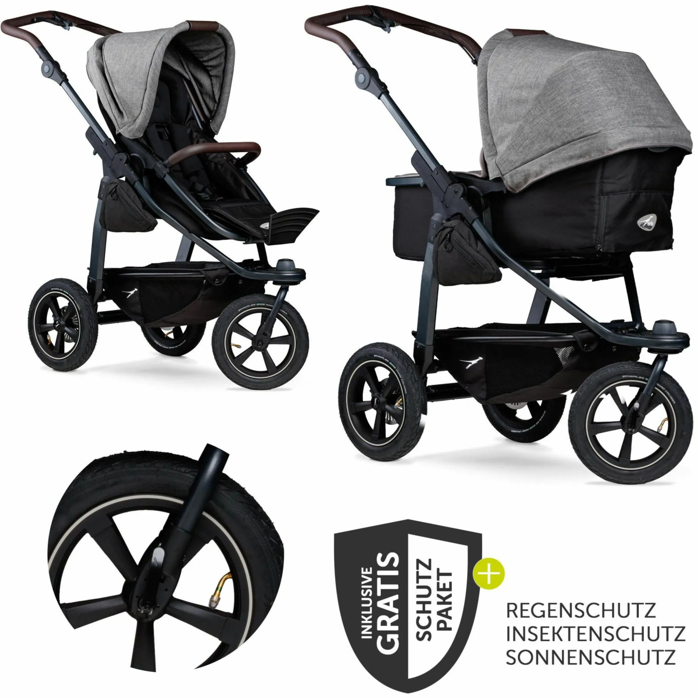 Kombi-Kinderwagen Mono 2 Luftreifen inkl. Kombi-Einheit (Babywanne+Sitz) mit Liegeposition & XXL Zubehörpaket - Pr. Grau