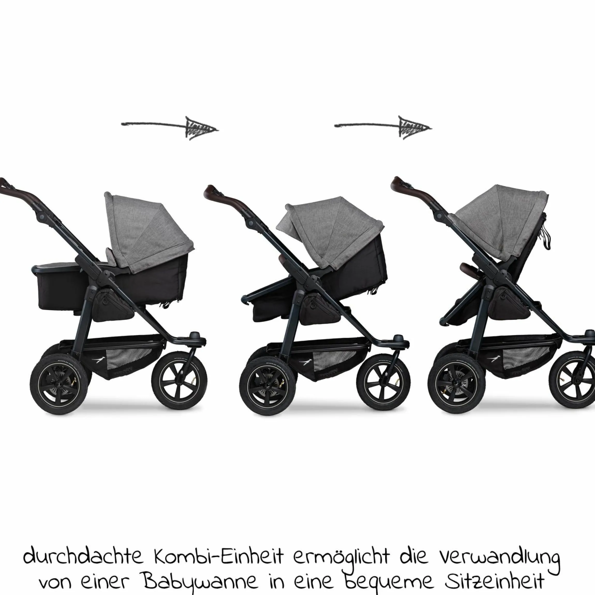 Kombi-Kinderwagen Mono 2 Luftreifen inkl. Kombi-Einheit (Babywanne+Sitz) mit Liegeposition & XXL Zubehörpaket - Pr. Grau