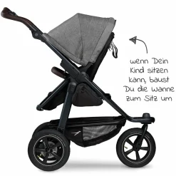 Kombi-Kinderwagen Mono 2 Luftreifen inkl. Kombi-Einheit (Babywanne+Sitz) mit Liegeposition & XXL Zubehörpaket - Pr. Grau