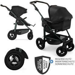 Kombi-Kinderwagen Mono 4 Luftreifen inkl. Kombi-Einheit (Babywanne+Sitz) mit Liegeposition & XXL Zubehörpaket - Schwarz