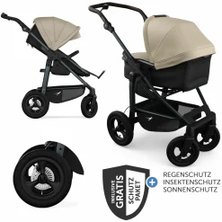 Kombi-Kinderwagen Mono 4 Luftreifen inkl. Kombi-Einheit (Babywanne+Sitz) mit Liegeposition & XXL Zubehörpaket - Sand