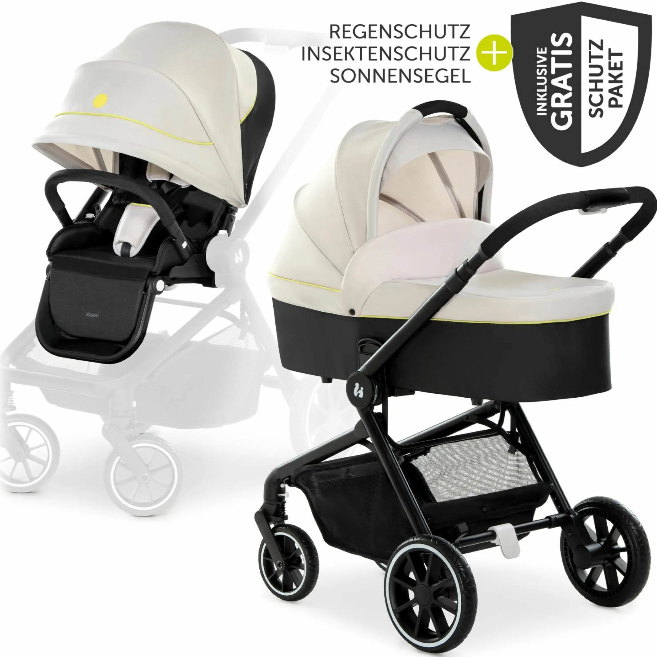 Kombi-Kinderwagen Move so Simply inkl. Babywanne, Sportsitz und XXL Zubehörpaket - Beige Neon