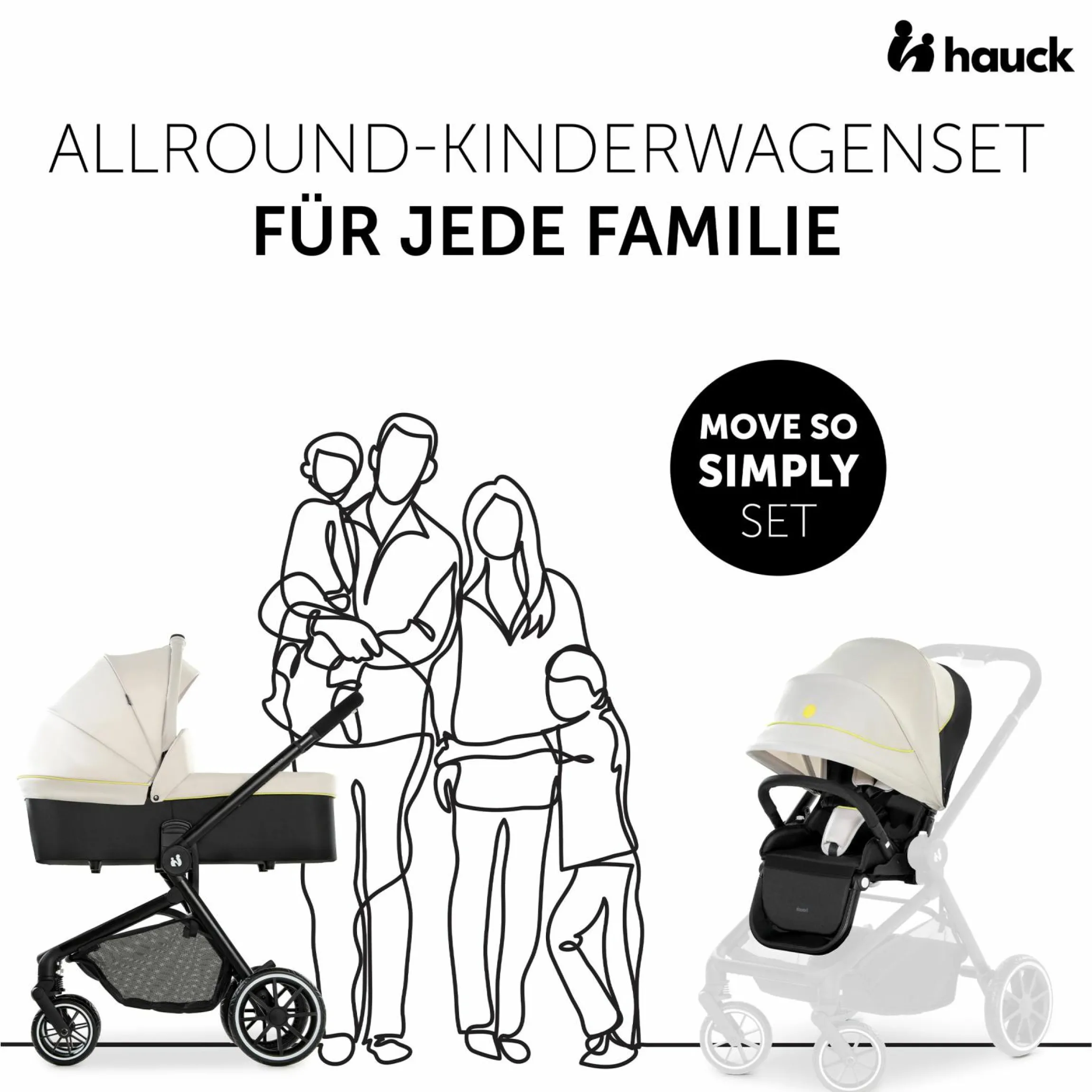 Kombi-Kinderwagen Move so Simply inkl. Babywanne, Sportsitz und XXL Zubehörpaket - Beige Neon