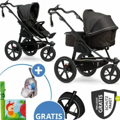 Kombi-Kinderwagen Pro mit Luftreifen inkl. Kombi-Einheit (Babywanne+Sitz) inkl. Handyhalter, Getränkeflasche & XXL Zubehörpaket - Anthrazit