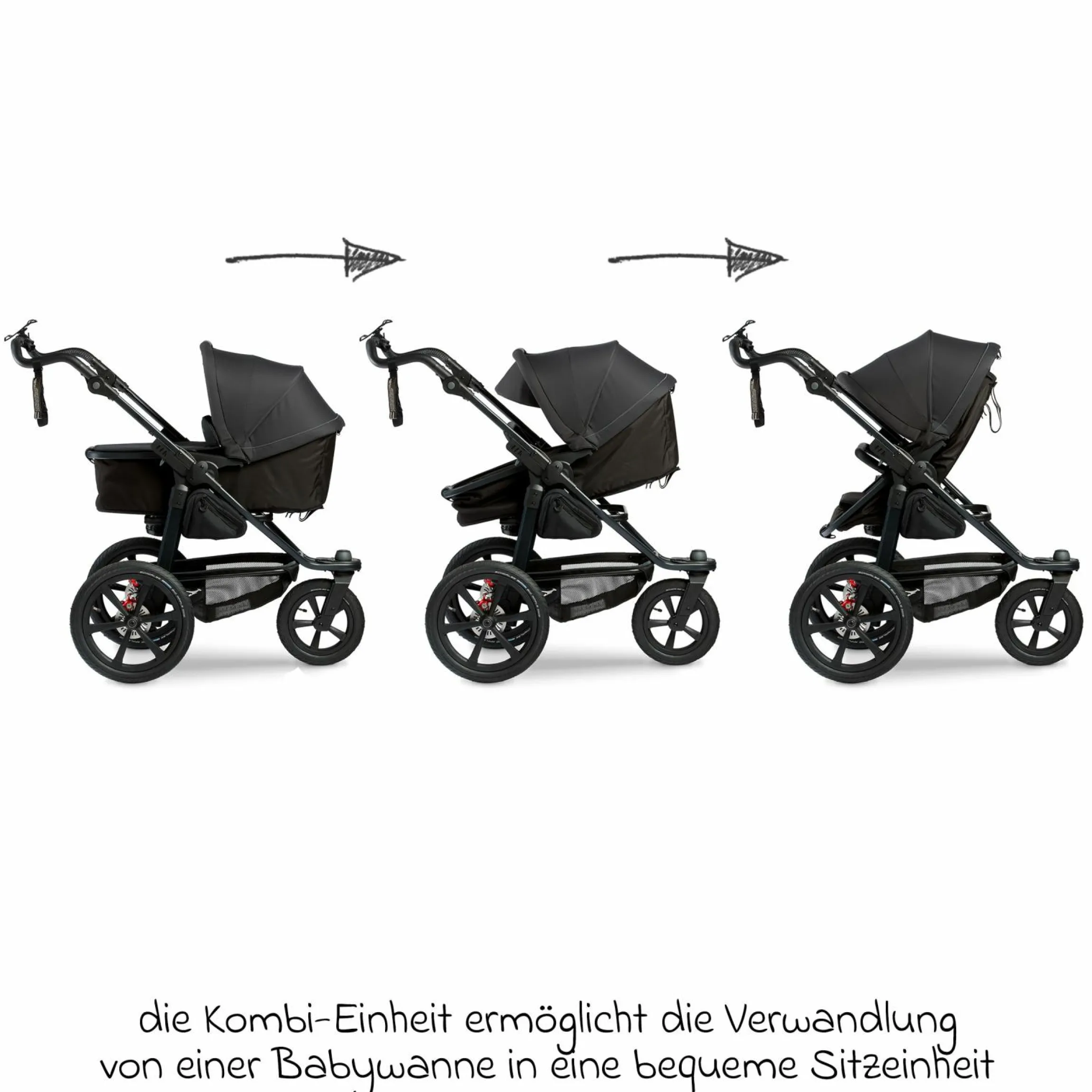 Kombi-Kinderwagen Pro mit Luftreifen inkl. Kombi-Einheit (Babywanne+Sitz) inkl. Handyhalter, Getränkeflasche & XXL Zubehörpaket - Anthrazit