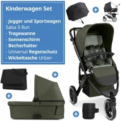 Kombi-Kinderwagen Salsa 5 Run - inkl. Babywanne, Sportsitz, Wickeltasche, Regenschutz, Becherhalter & Sonnenschirm - Pure - Avocado