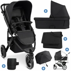 Kombi-Kinderwagen Salsa 5 Run - inkl. Babywanne, Sportsitz, Wickeltasche, Regenschutz, Becherhalter & Sonnenschirm - Pure - Coal