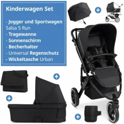 Kombi-Kinderwagen Salsa 5 Run - inkl. Babywanne, Sportsitz, Wickeltasche, Regenschutz, Becherhalter & Sonnenschirm - Pure - Coal